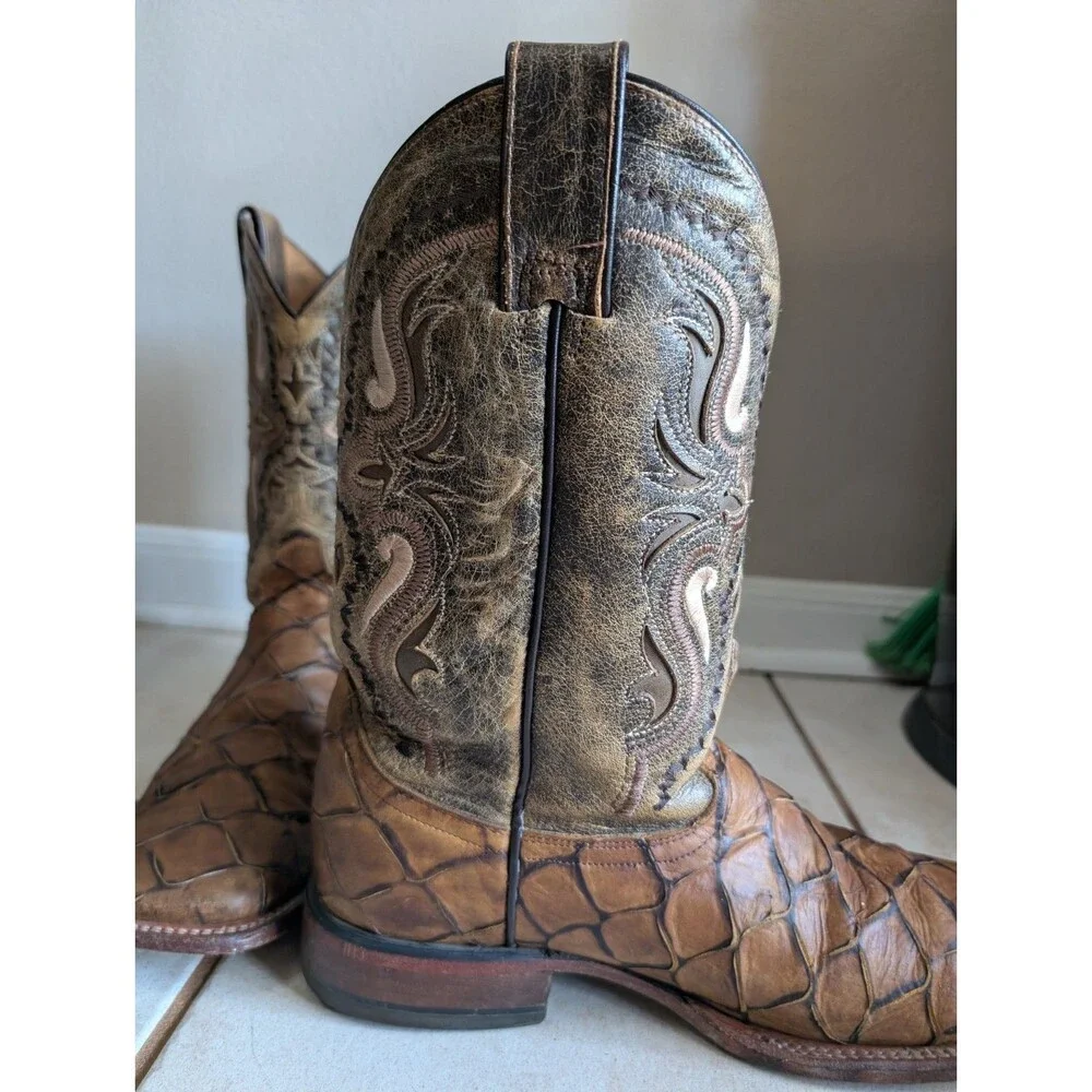 Soto Pirarucu Cowboy Boots Men's Size 9.5 Leather Brown Fish Exotic